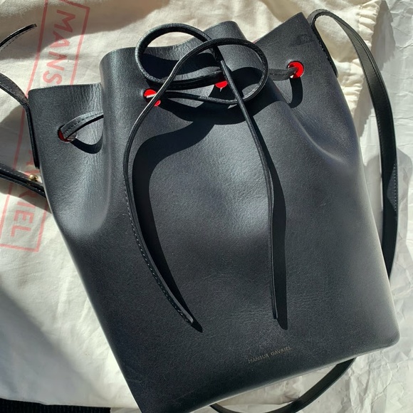 Authentic Mansur Gavriel Mini Bucket Bag in Black Flamme, Black + Red Leather - Picture 6 of 9